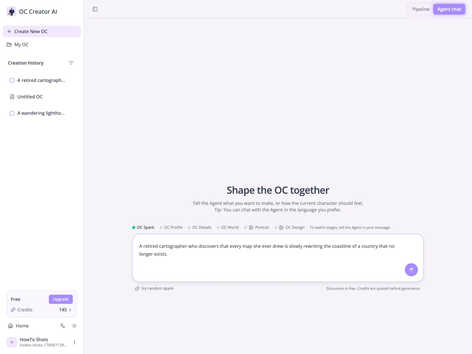 Agent chat workspace with a character idea typed into the composer
